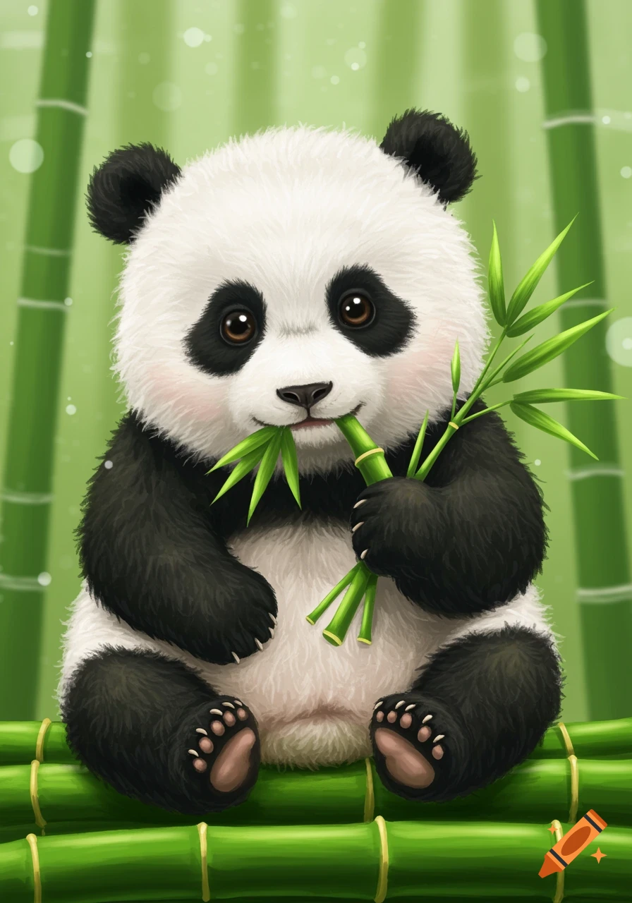 A cute baby panda sits on bamboo shoots and eats bamboo in an illustrated style.