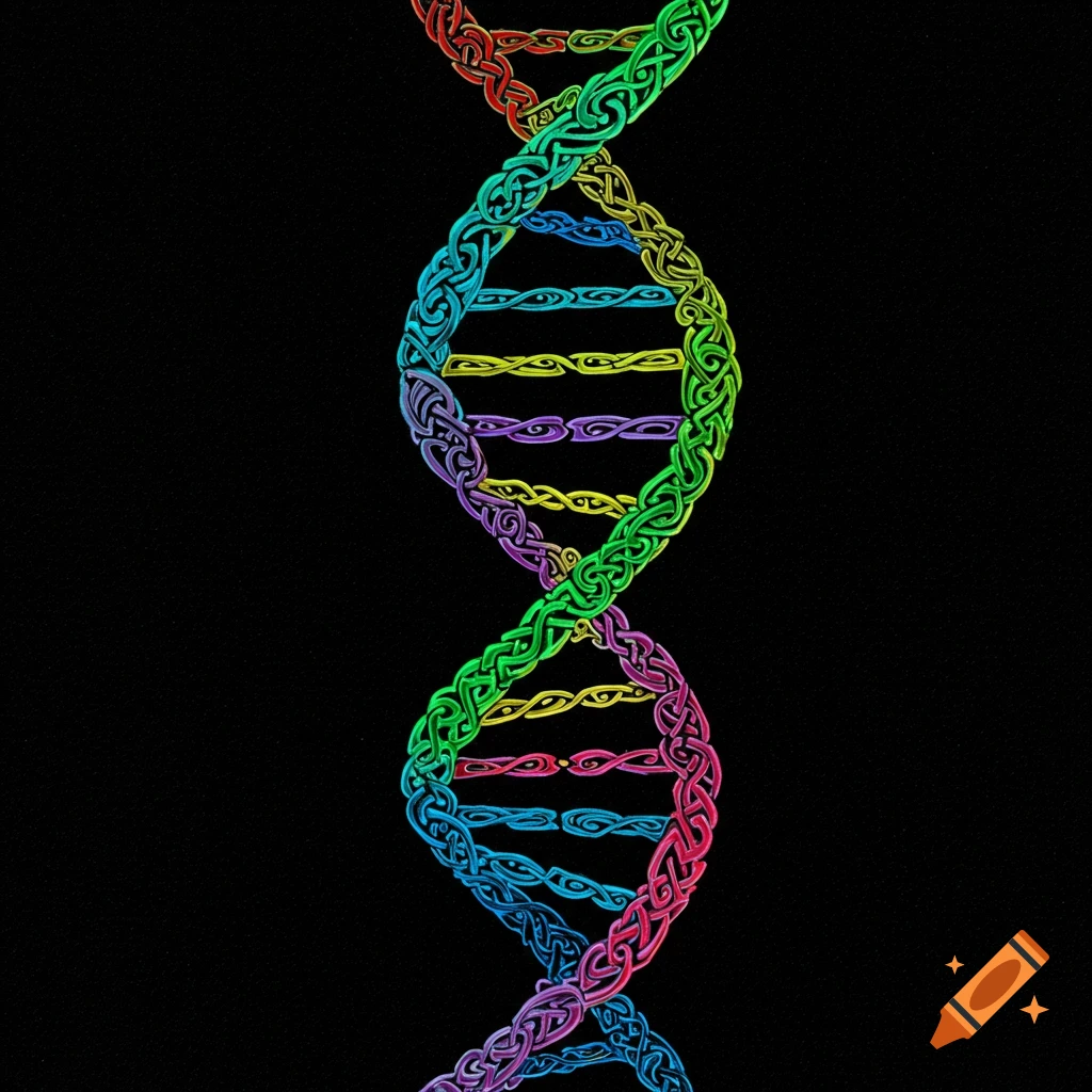 Rainbow colored Celtic Knot DNA strand on a black background.
