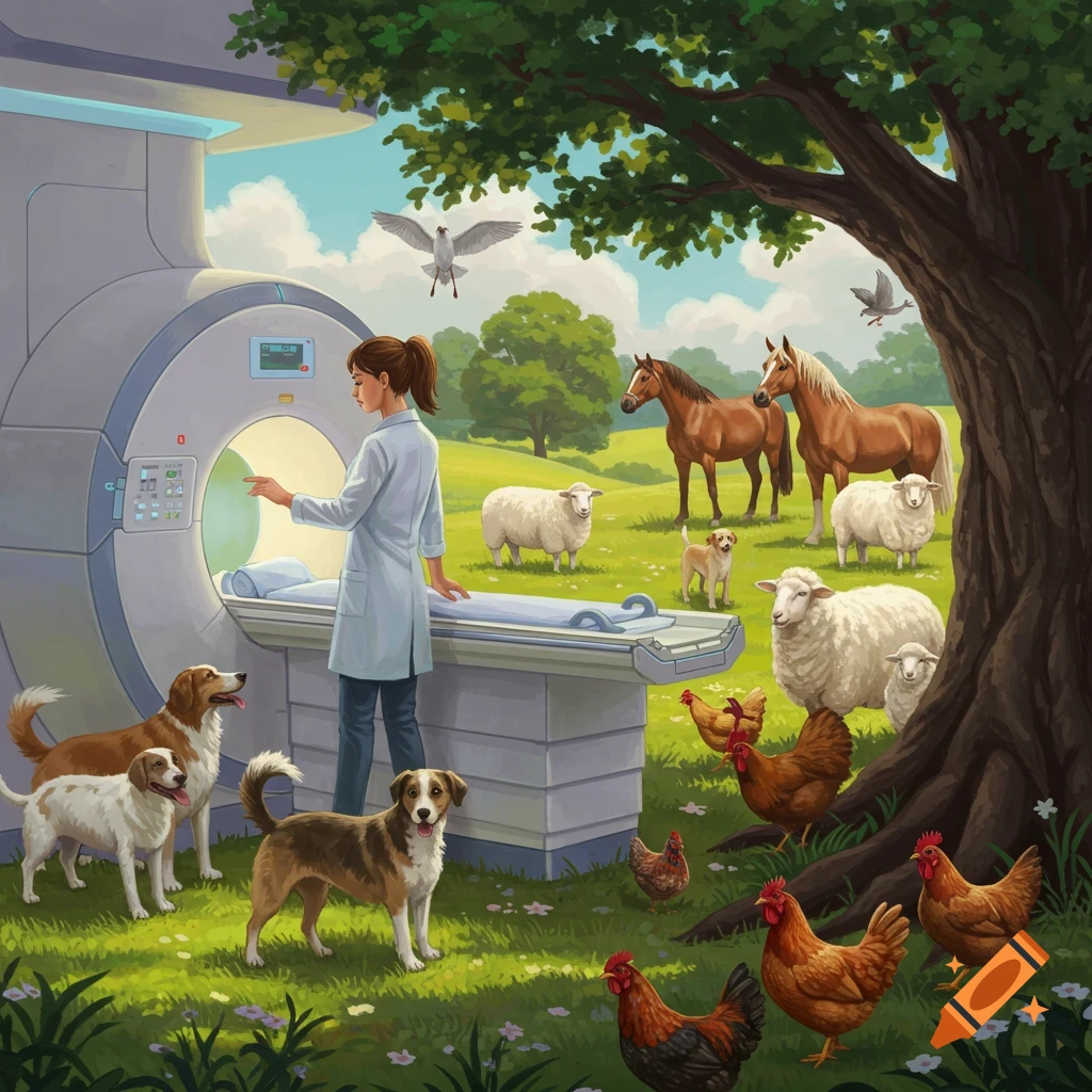 A veterinarian with an MRI machine is surrounded by dogs, sheep, horses, and chickens in a field. Painted illustration style.