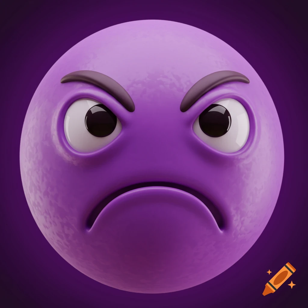 A 3D purple emoji face with an angry expression.