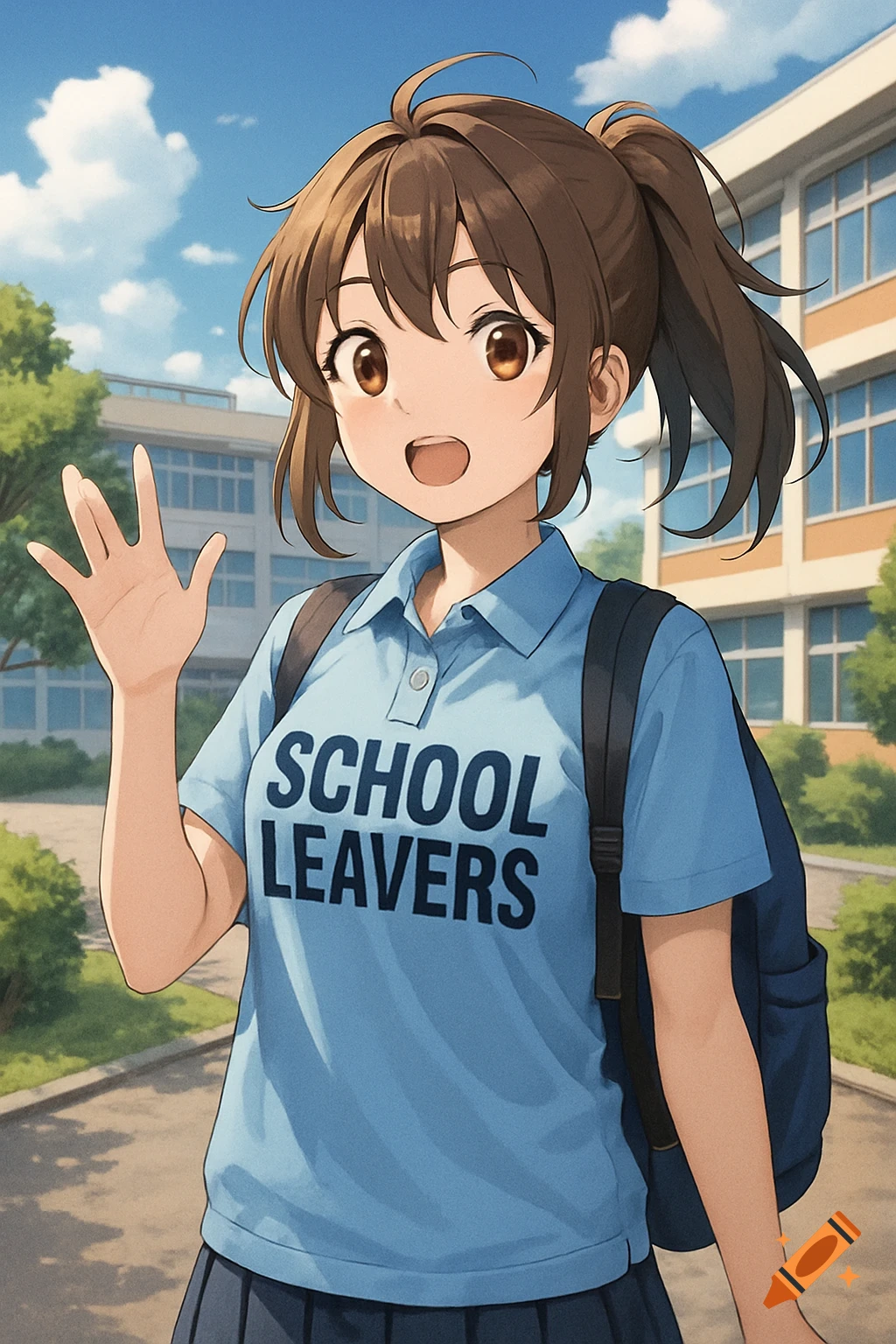 Anime girl in school uniform waves with backpack, school building in background, shirt reads 'SCHOOL LEAVERS'