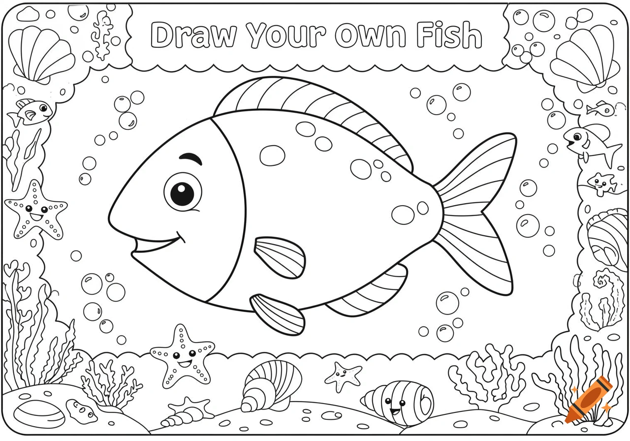 Black and white line art coloring page with text "Draw Your Own Fish" above a cartoon fish, bubbles, starfish, seashells, and seaweed.