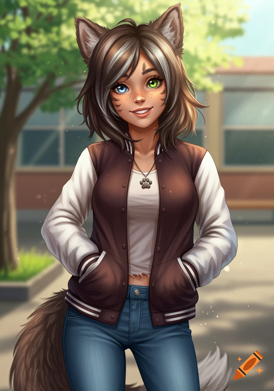 Furry character with blue and green eyes wearing a varsity jacket