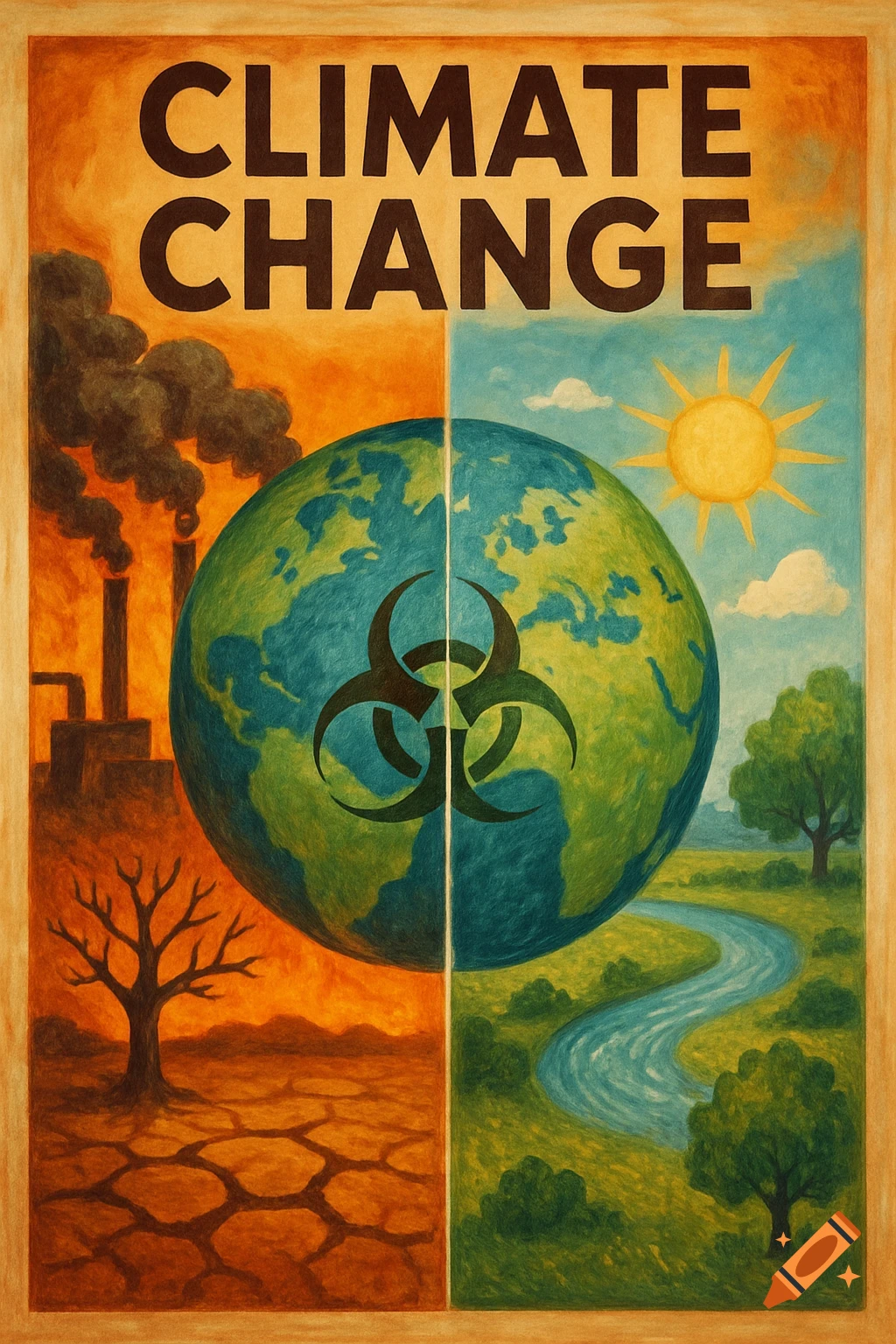 Climate change poster showing a divided Earth: industrial pollution vs. nature, with 'CLIMATE CHANGE' text and biohazard symbol.