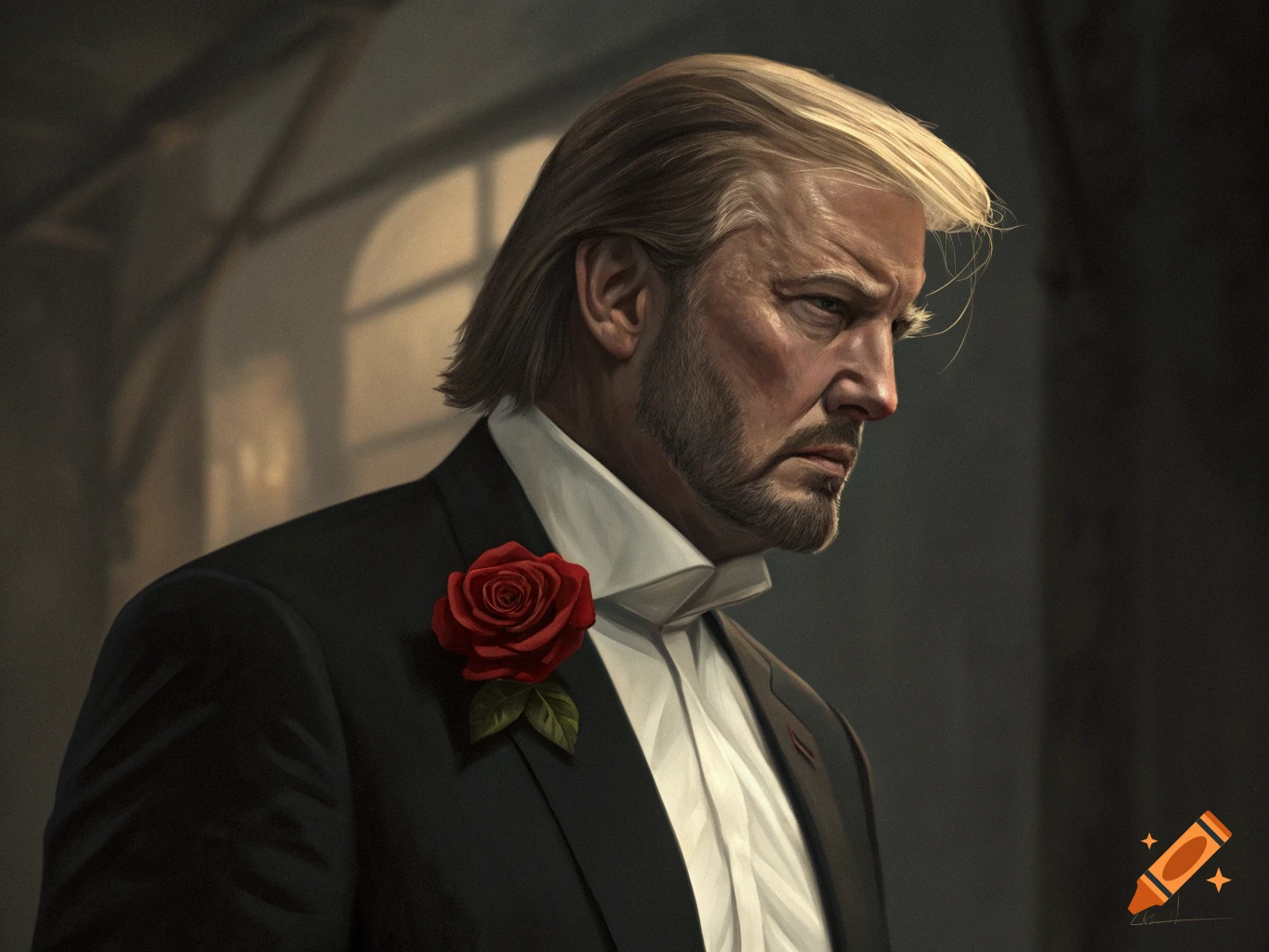 Dramatic, stylized portrait of a man resembling Donald Trump in a suit with a red rose.