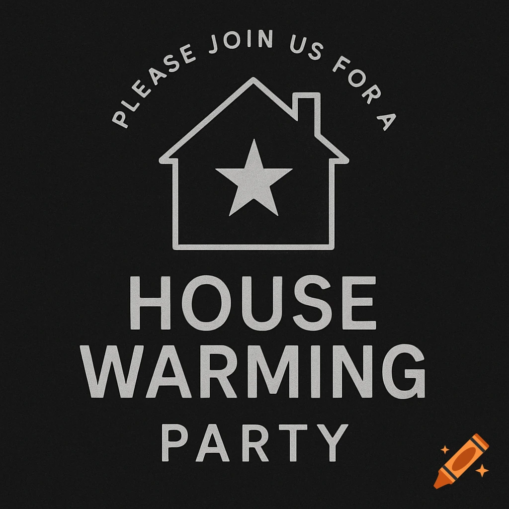 Graphic design for a housewarming party invitation with text and a simple house icon.