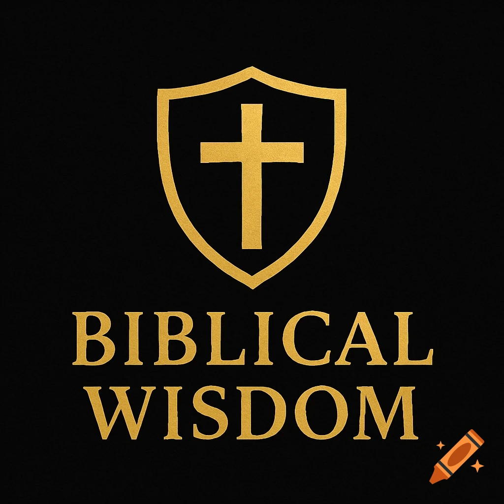 Gold shield with a cross above the text "BIBLICAL WISDOM" on a black background.