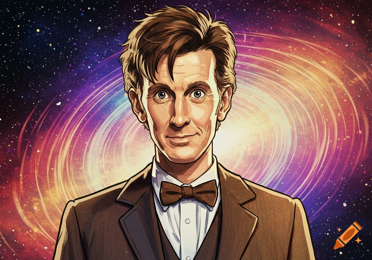 Illustration of a man in a suit and bow tie against a swirling galaxy background.