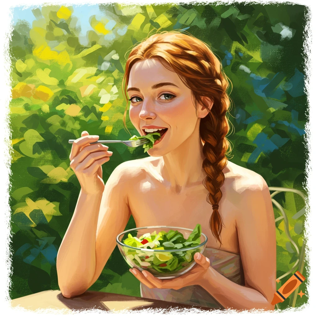 Woman eating a salad outdoors, illustration style.