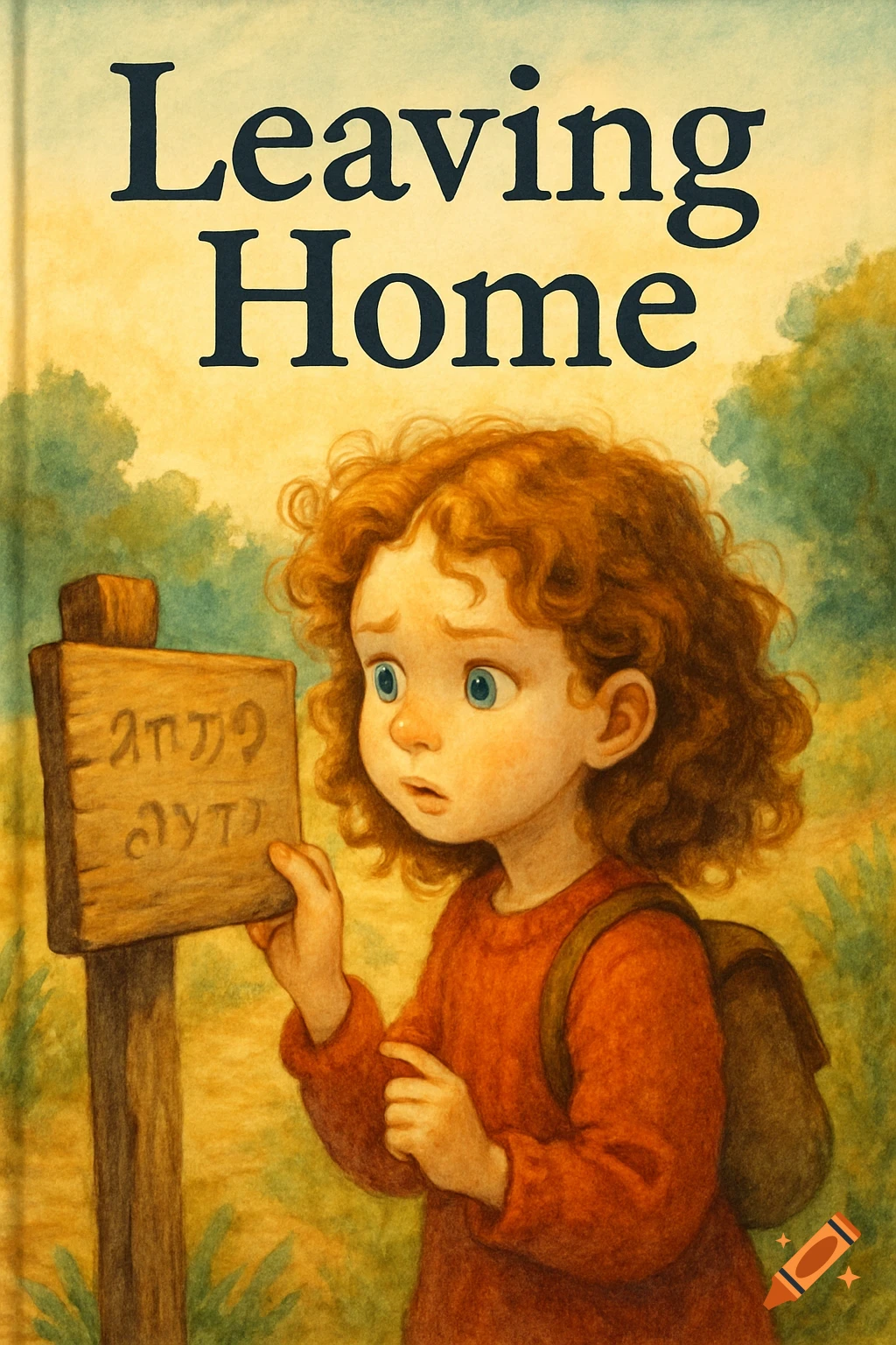 Children's book cover illustration of a girl with curly hair looking at a wooden sign she cannot read