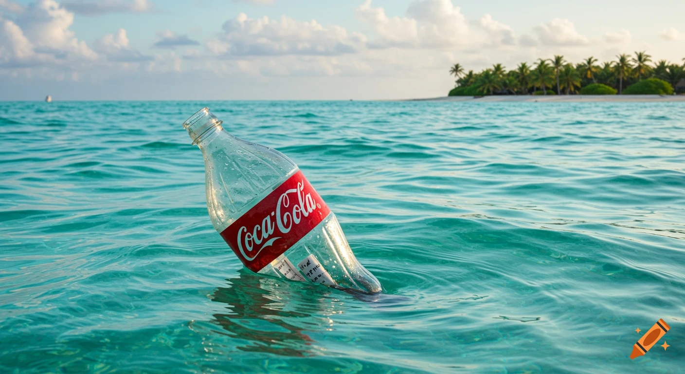 A plastic Coca-Cola bottle floats in the turquoise sea near a tropical island.