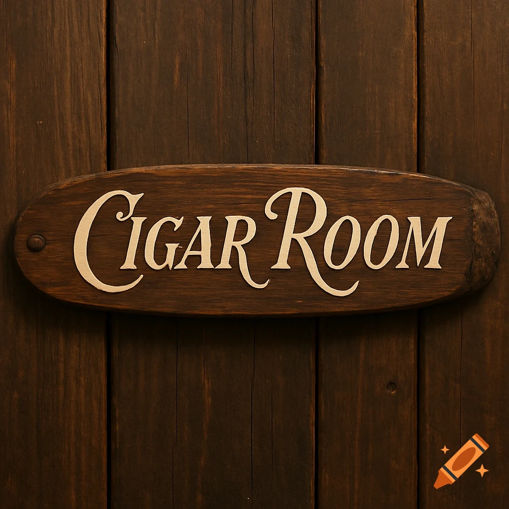 A wooden sign that reads Cigar Room is attached to a wooden wall.