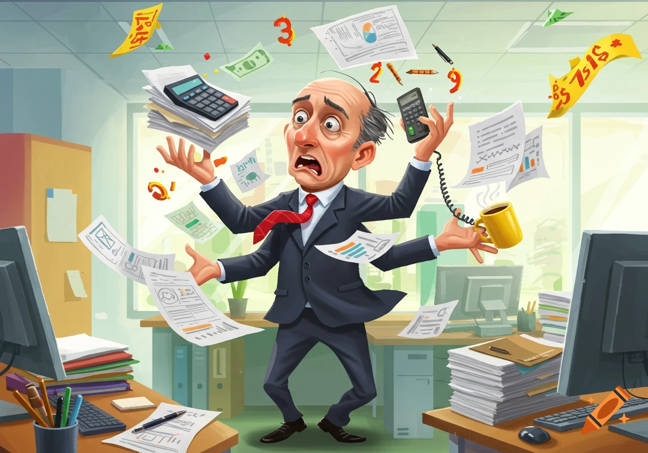Cartoon illustration of an overwhelmed multi-armed accountant juggling papers, calculators, and money.