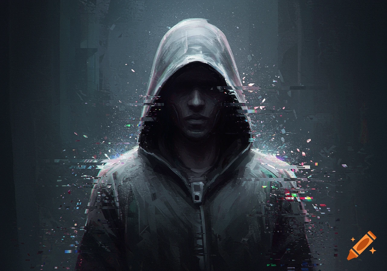 Mysterious hooded figure with digital glitch distortion effects.