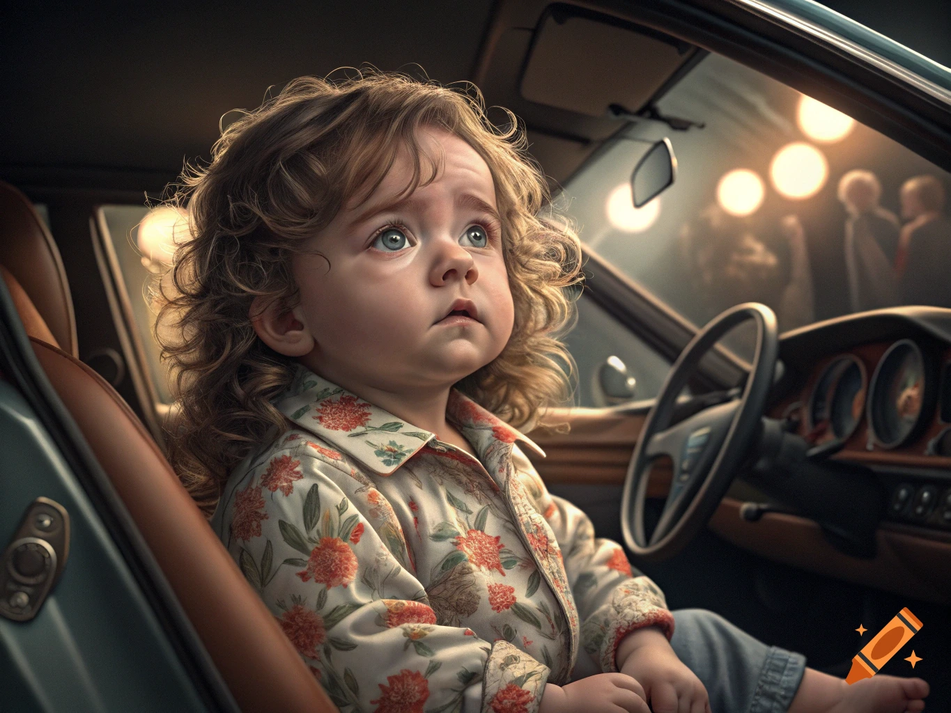 Realistic portrait of a baby with long curly hair in a floral shirt in a car.