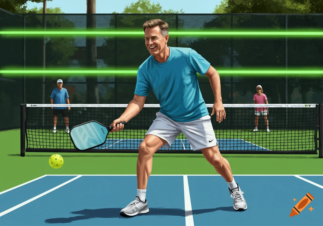 Illustrative image of a man playing pickleball on a blue court.