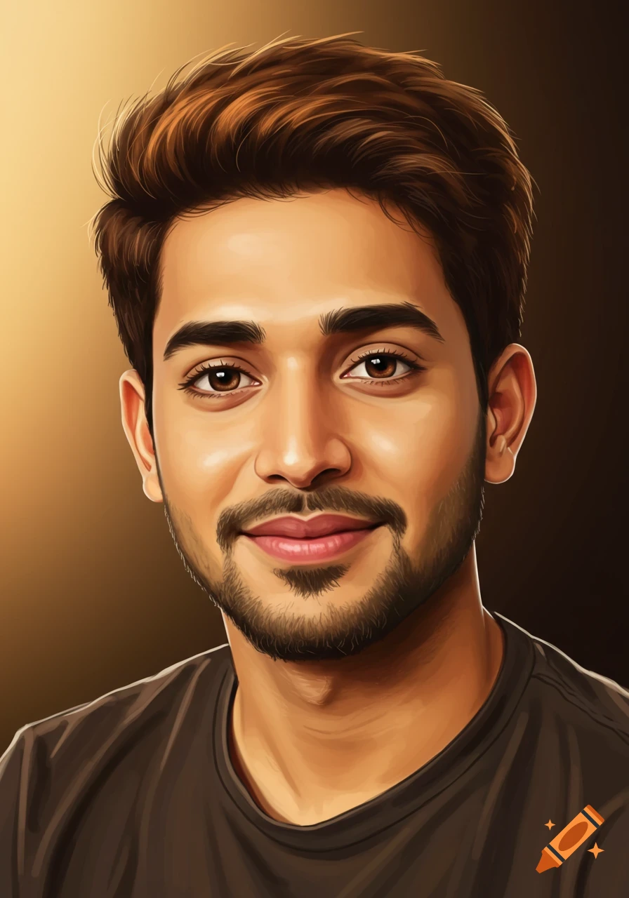 Close-up illustrative portrait of a young man with brown hair and beard ...
