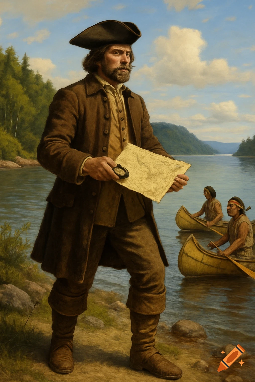 Man in historical explorer clothing stands by river with map and compass; indigenous people in canoes. Painting.