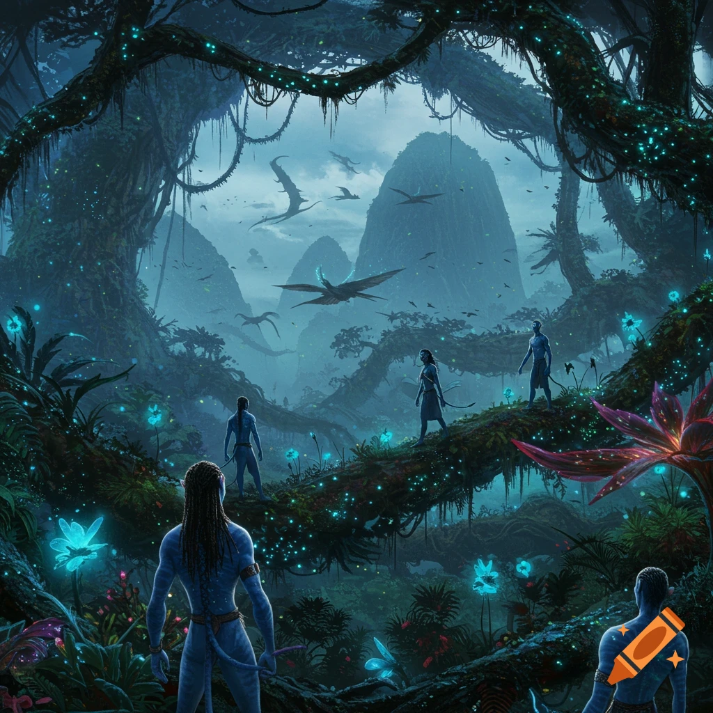 Na'vi figures in a glowing alien jungle with flying creatures and mountains.