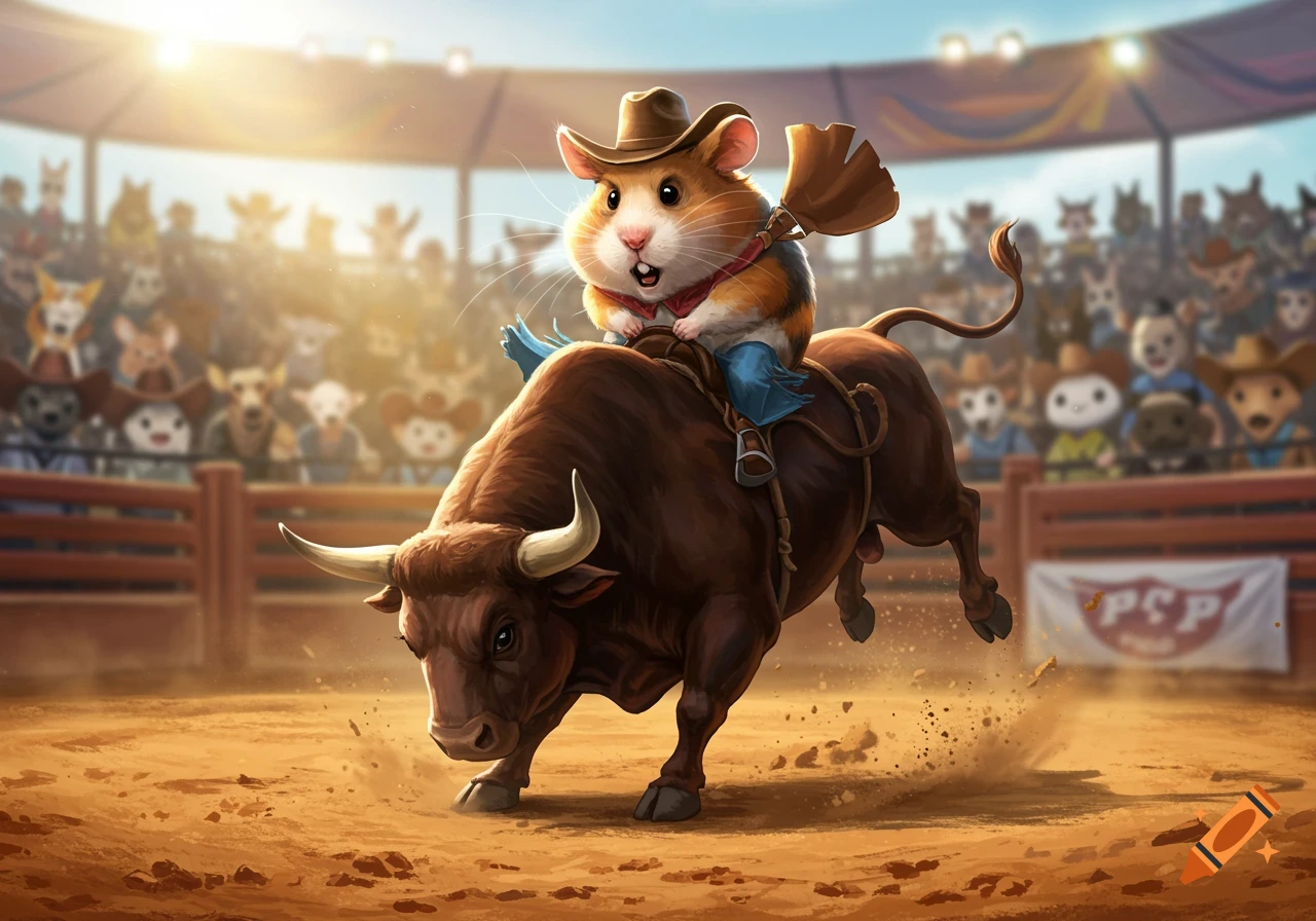 A cartoon hamster rides a bucking bull in a rodeo arena full of cheering animal spectators.