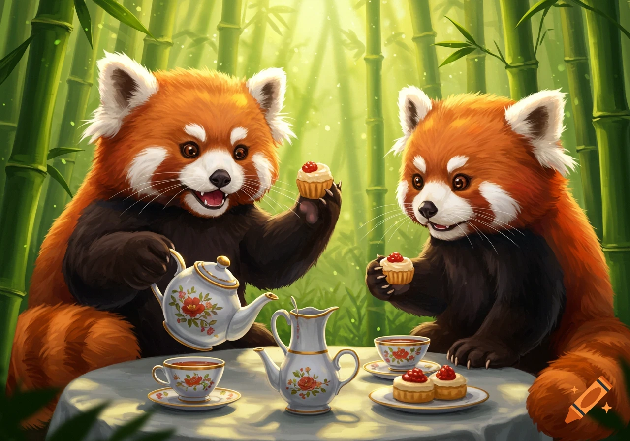 Two cute red pandas have a tea party with cupcakes in a bamboo forest, illustration.
