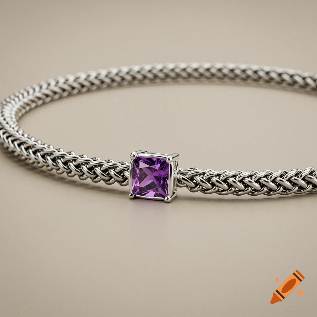 Close-up of a wheat silver chain bracelet with a square purple amethyst stone in one link on a beige background.