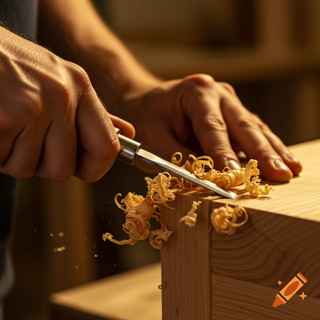 Close-up of hands chiseling wood, creating shavings, warm light.