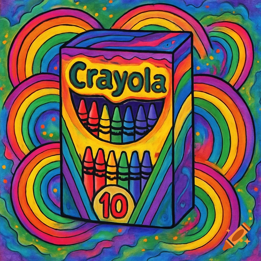 A colorful box of Crayola crayons surrounded by rainbows in a psychedelic style.