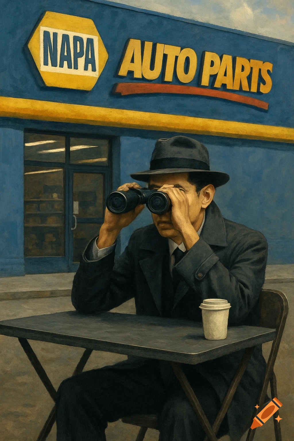 A person in a trench coat and hat sits at a table outside a store, looking through binoculars. Painting style.