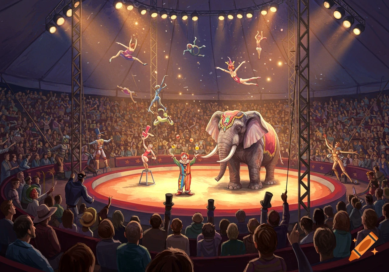 Circus performance with an elephant, clown, acrobats, and audience under the big top, illustrated style.