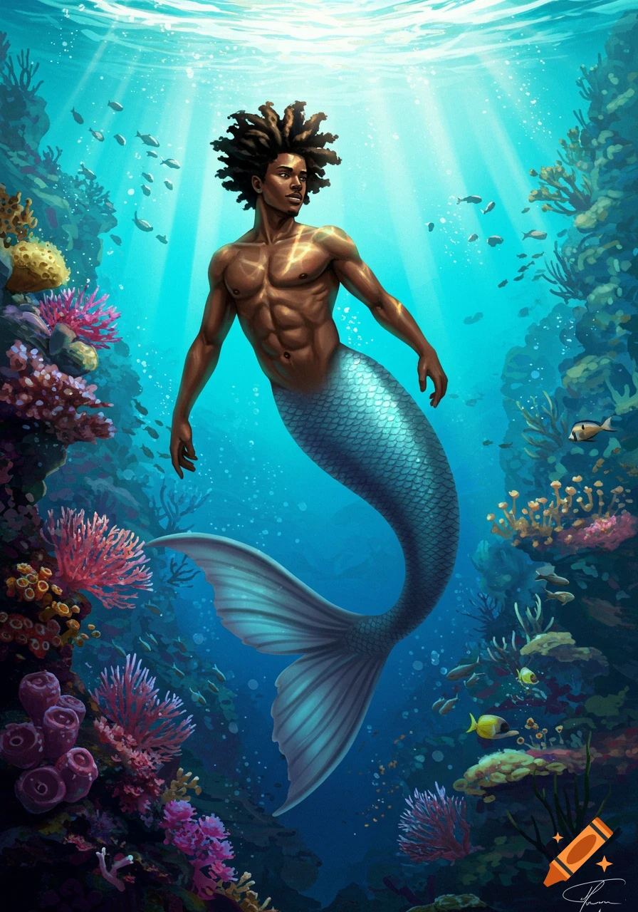 A Black male mermaid with dreadlocks swims through a colorful coral reef, sunlight streaming down.