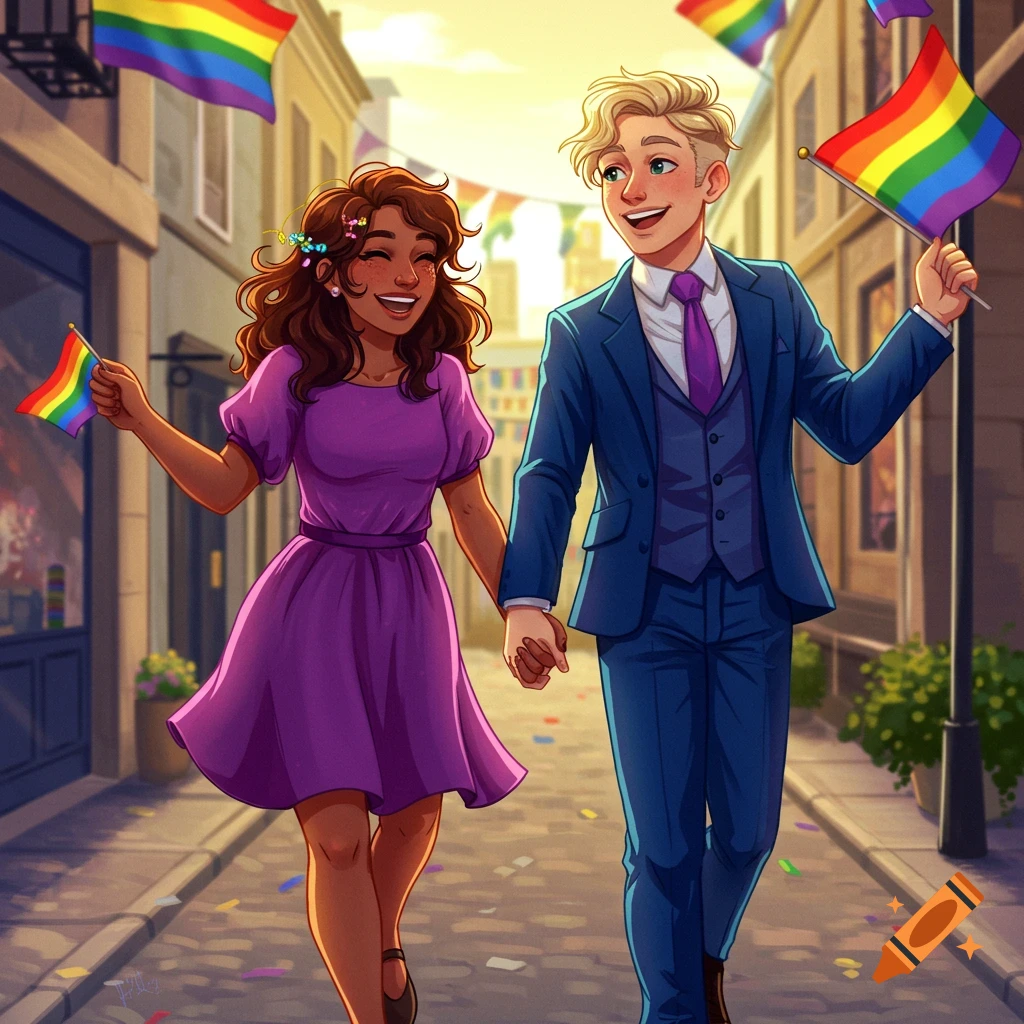 Illustration of a happy couple holding rainbow flags while walking on a street.