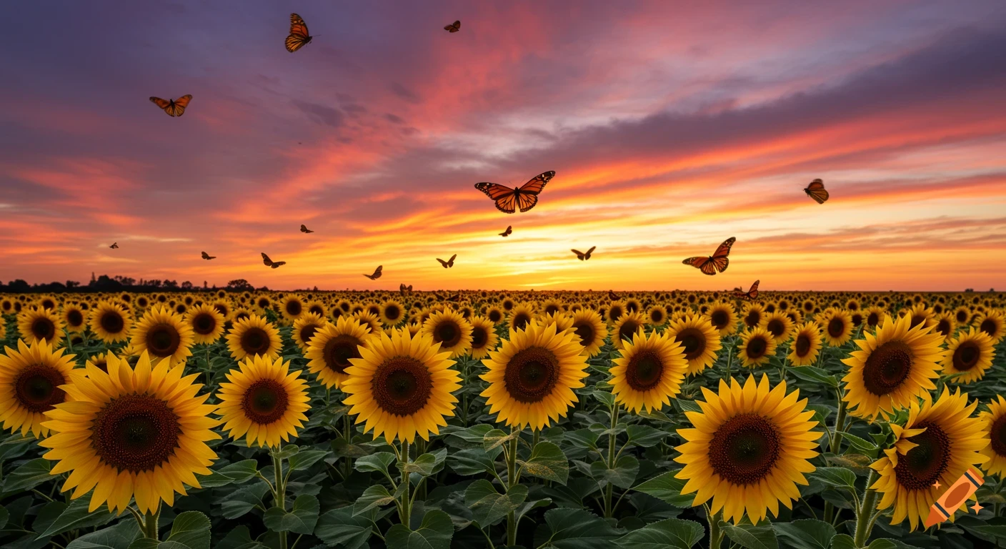 Sunflowers and butterflies in a field at sunset