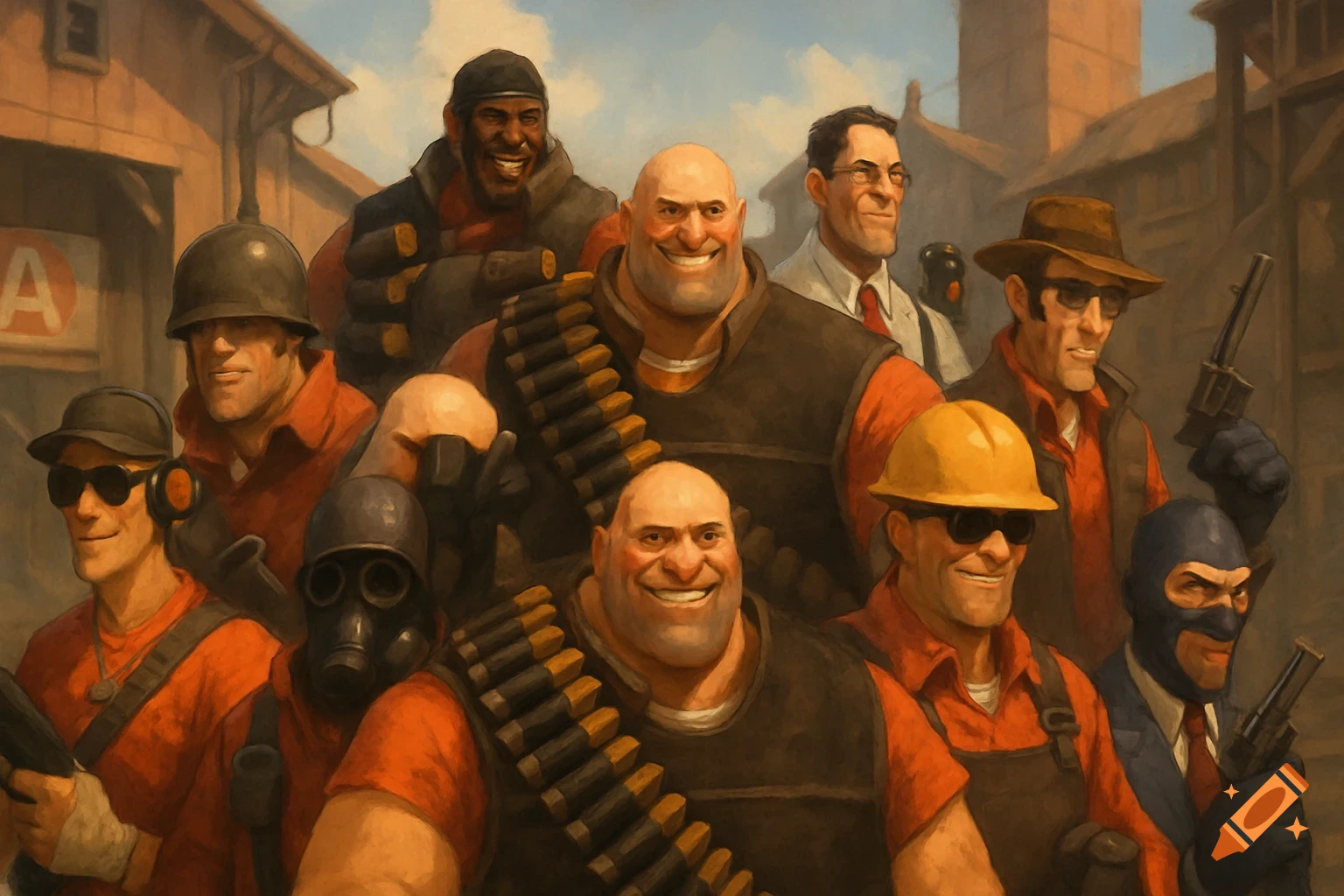 A group of Team Fortress 2 characters in a painted style.