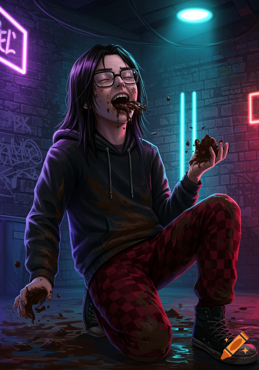 Digital painting of a teenager covered in mud eating mud in a neon-lit alley.