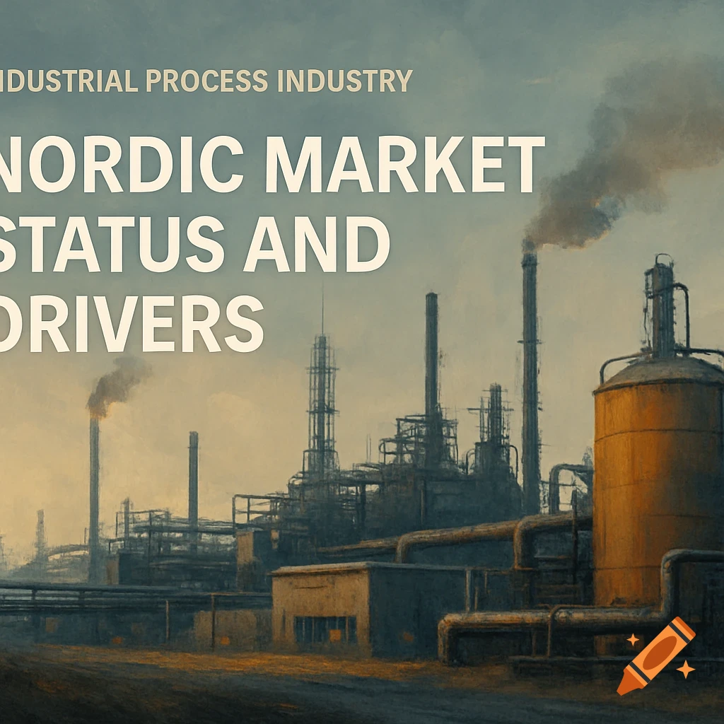 Industrial factory scene with text overlay for a presentation title.