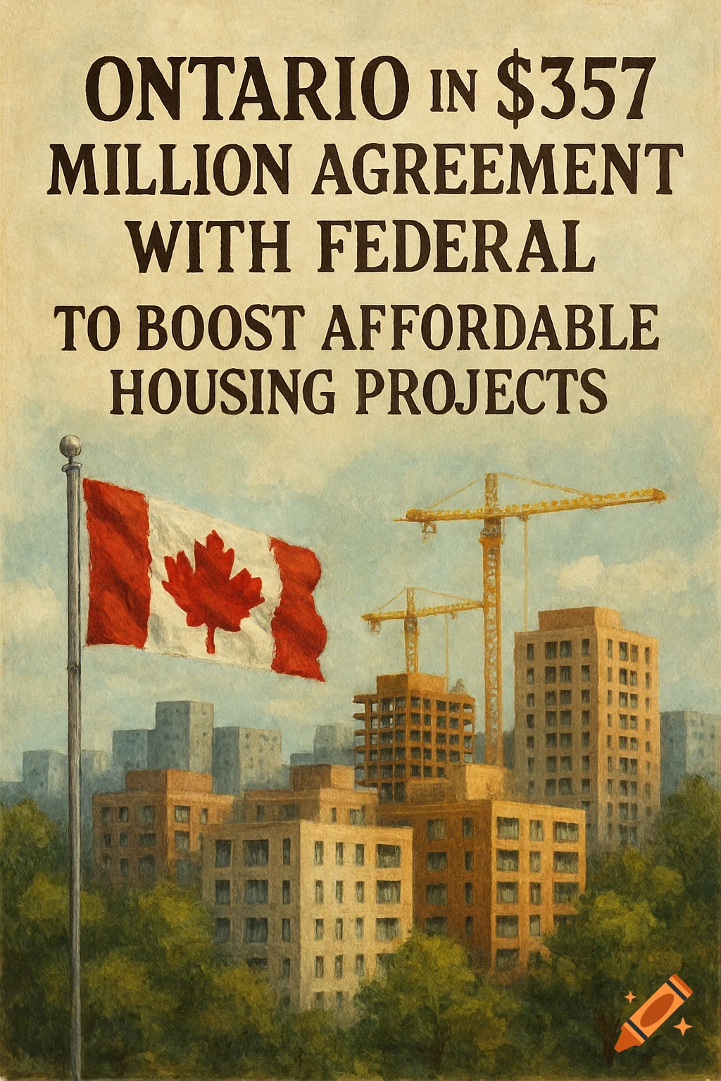 Painterly scene of a Canadian flag flying over construction cranes and buildings with text about housing projects.
