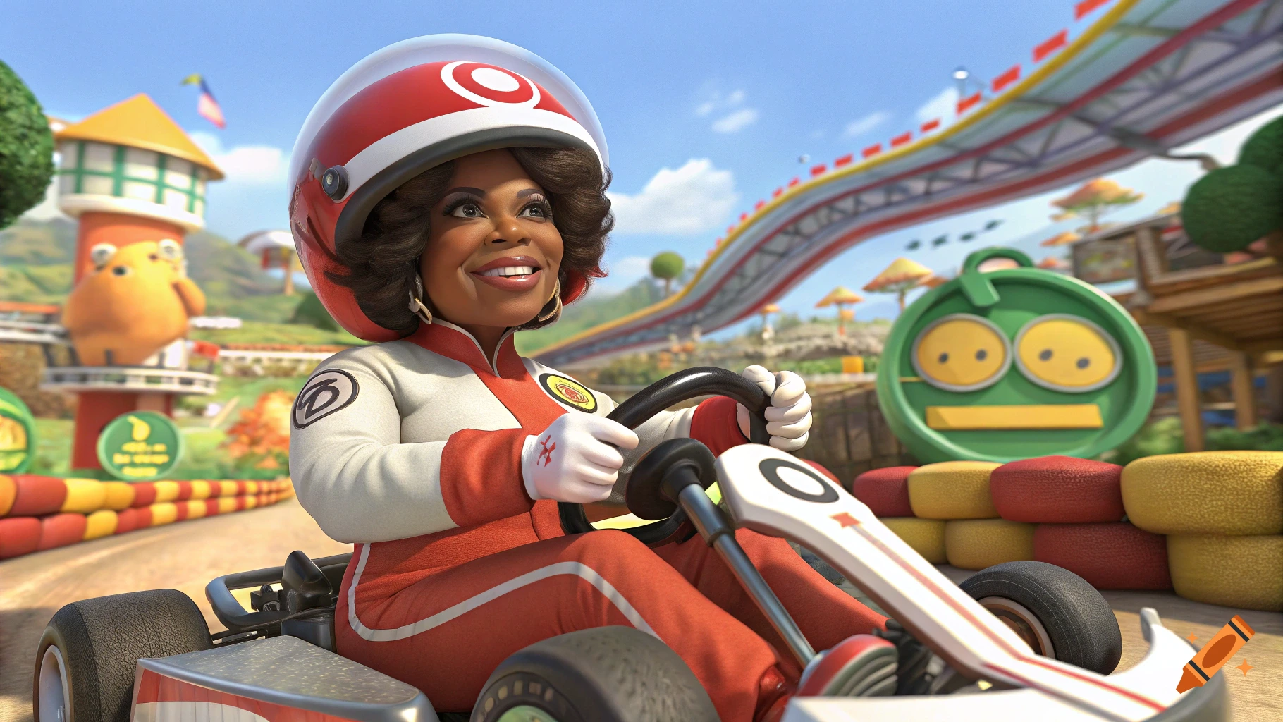 Oprah drives a kart on a colorful racing track in a cartoon style.
