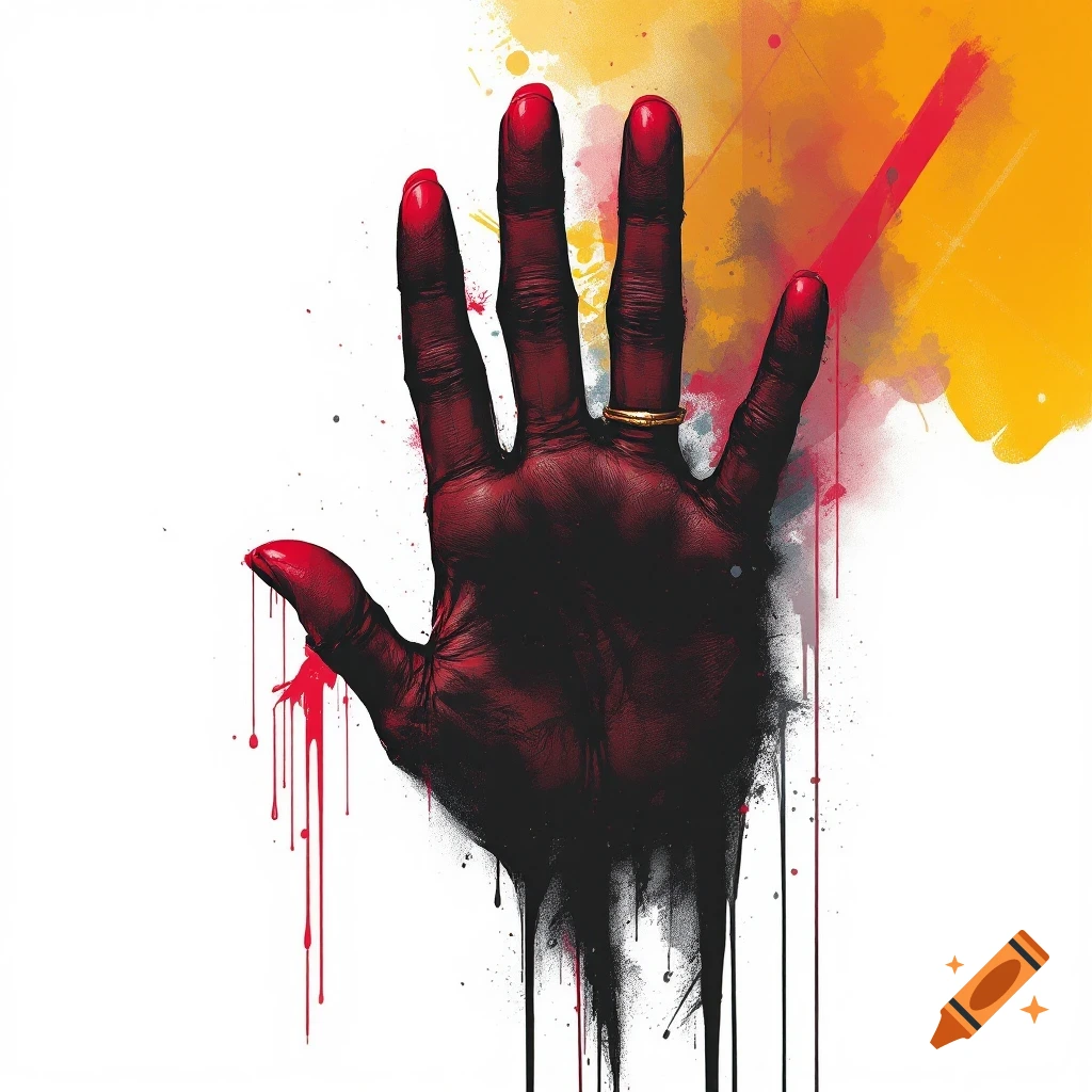 Red hand with ring and paint drips on a white background with splashes.