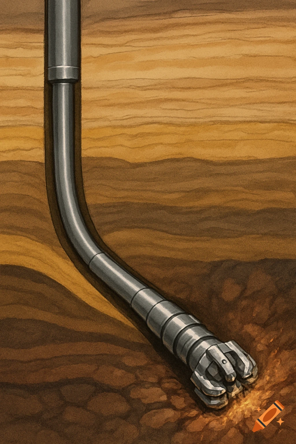 An illustration of a drill bit and drill string boring into layers of earth.