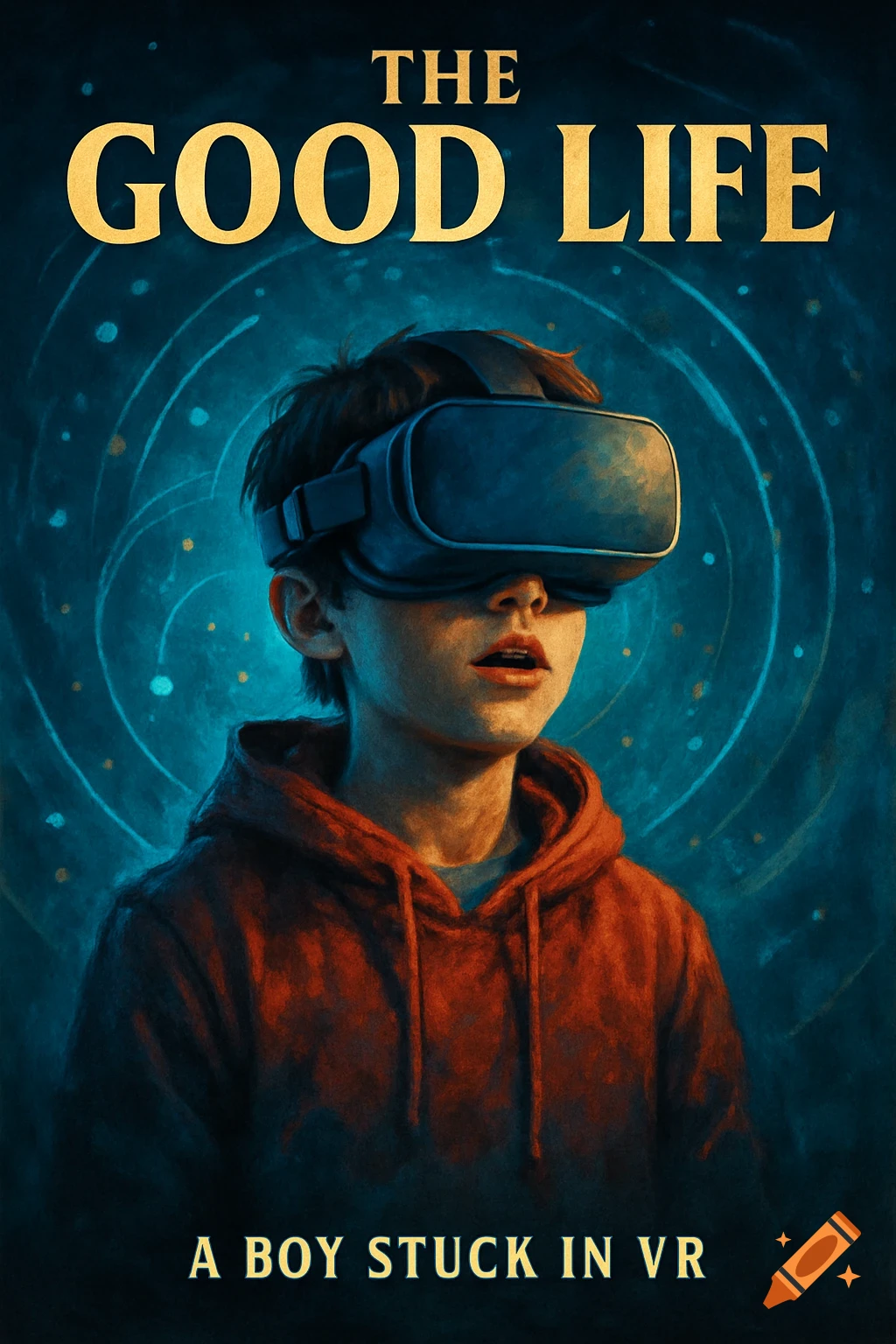 Movie poster of a boy wearing a VR headset with text 'THE GOOD LIFE' and 'A BOY STUCK IN VR'.