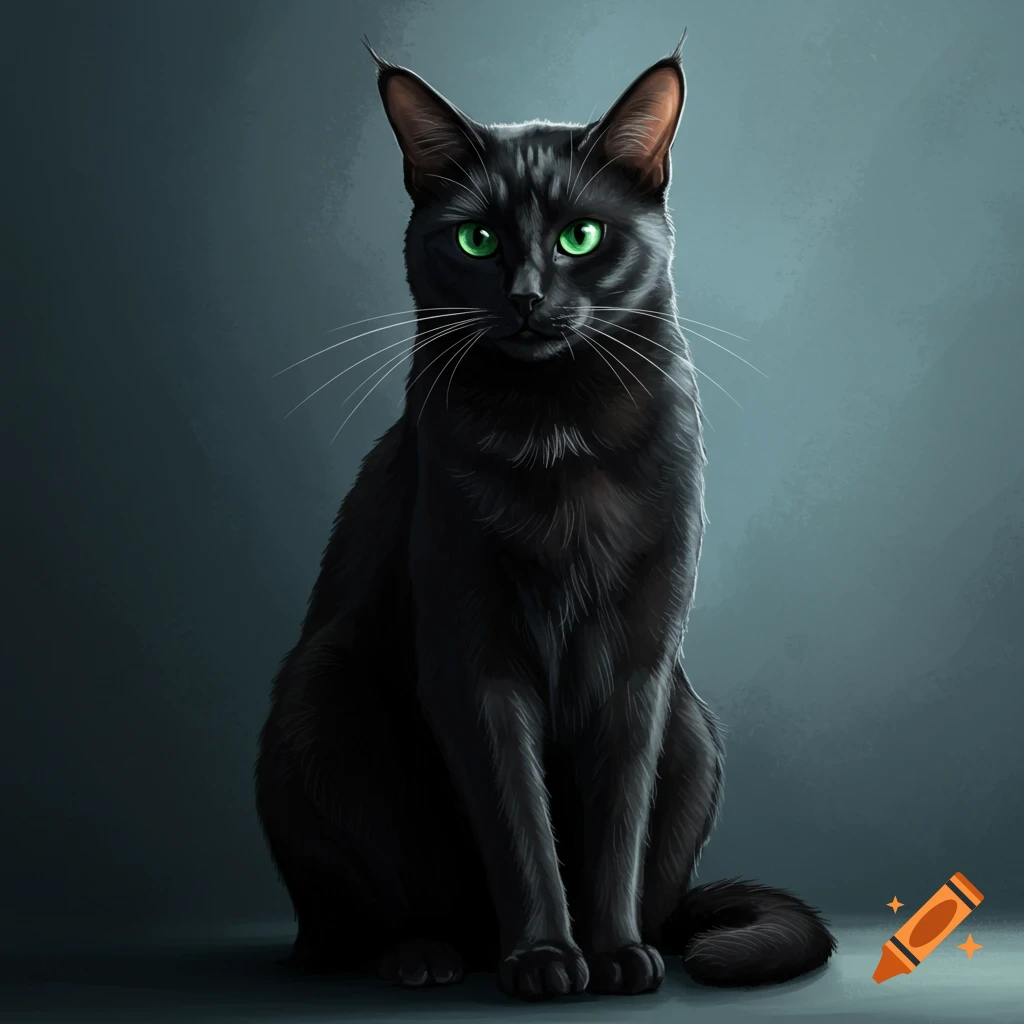 A black cat with vibrant green eyes sits and stares forward. on Craiyon