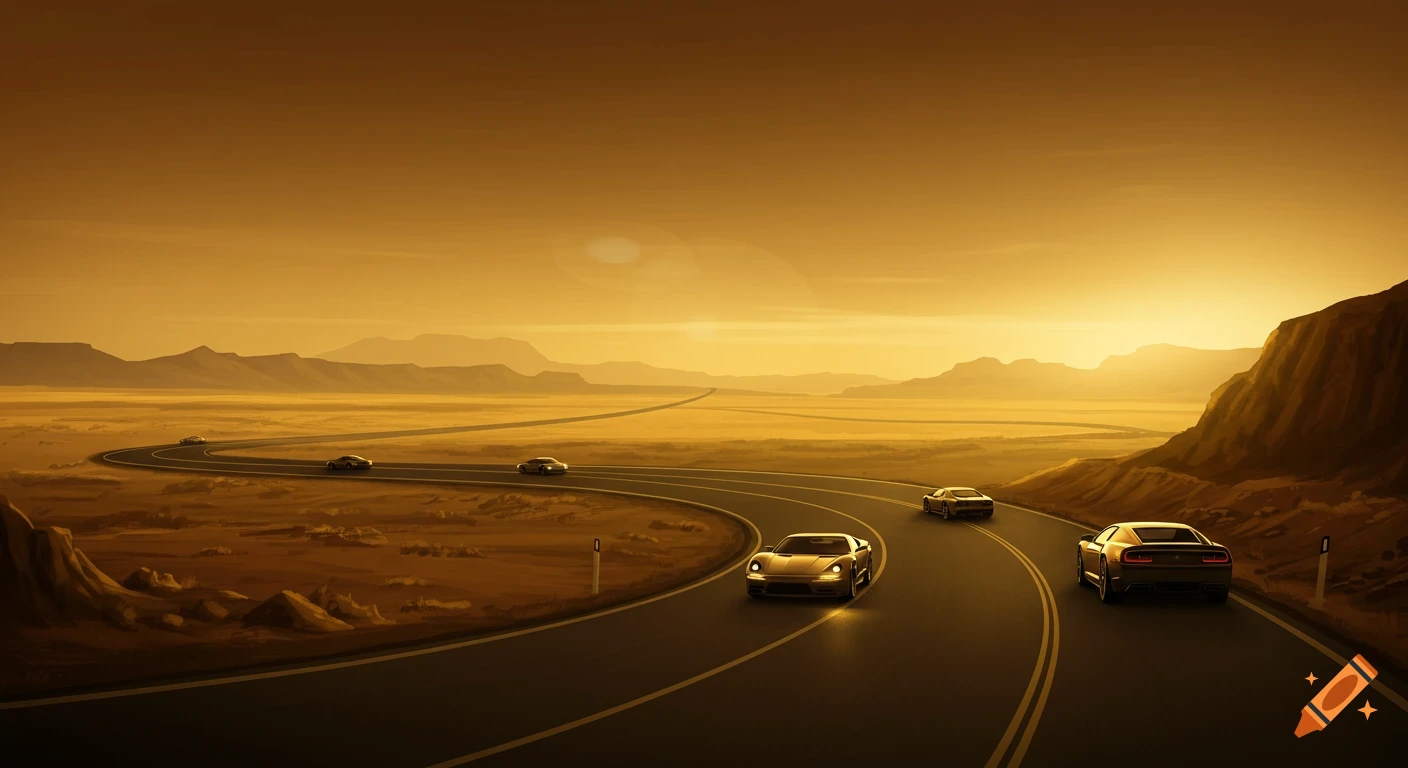 Luxury cars driving on a winding road through a golden desert landscape at sunset