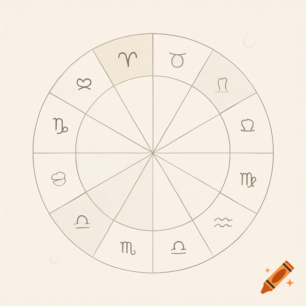 A minimalist astrological zodiac wheel with symbols.