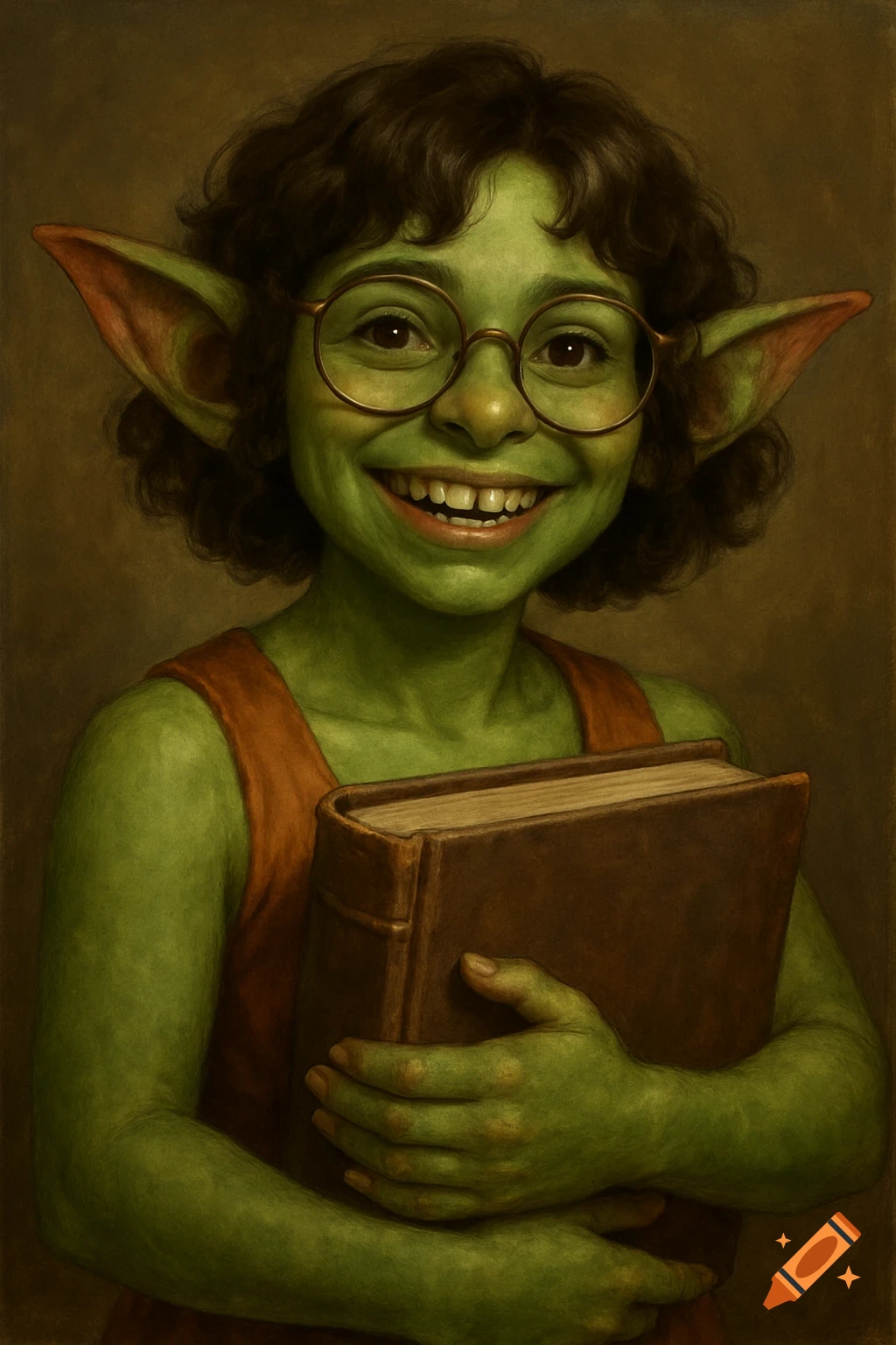 A smiling goblin with glasses holds a large book.