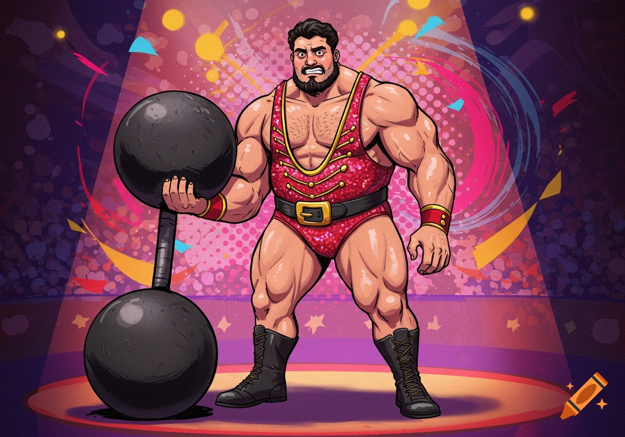 A muscular circus strongman in a sparkly red singlet holds a large dumbbell in a spotlight.