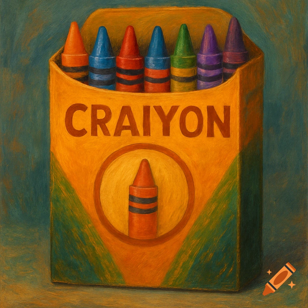 Painterly close-up of an open box of crayons with 'CRAIYON' on the label.