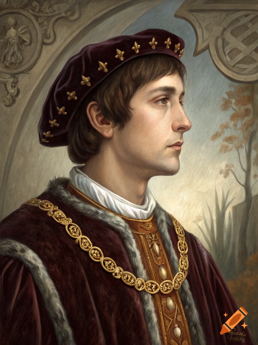 Renaissance style painting of a man in a velvet hat and gold chain.