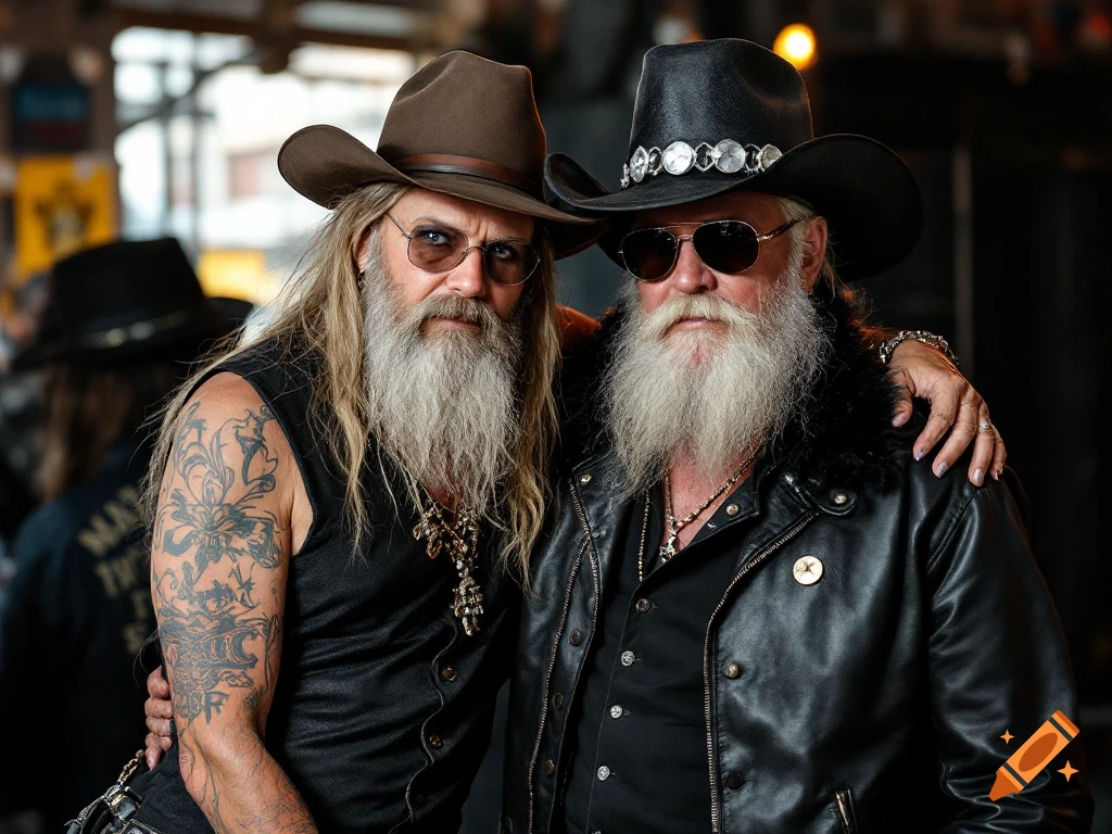 Two men with long beards and cowboy hats pose together.