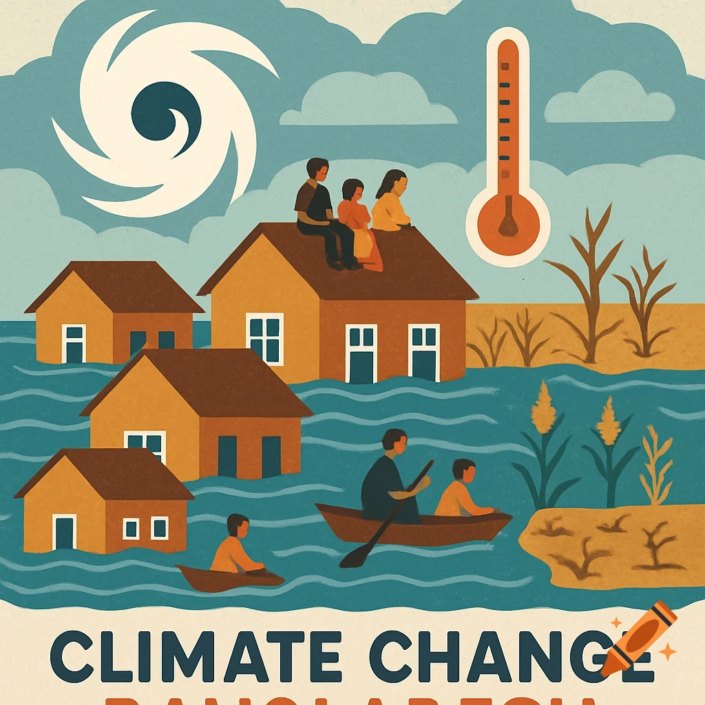 Stylized illustration of flooded houses, people on roofs and boats, a cyclone symbol, and text "CLIMATE CHANGE BANGLADESH".